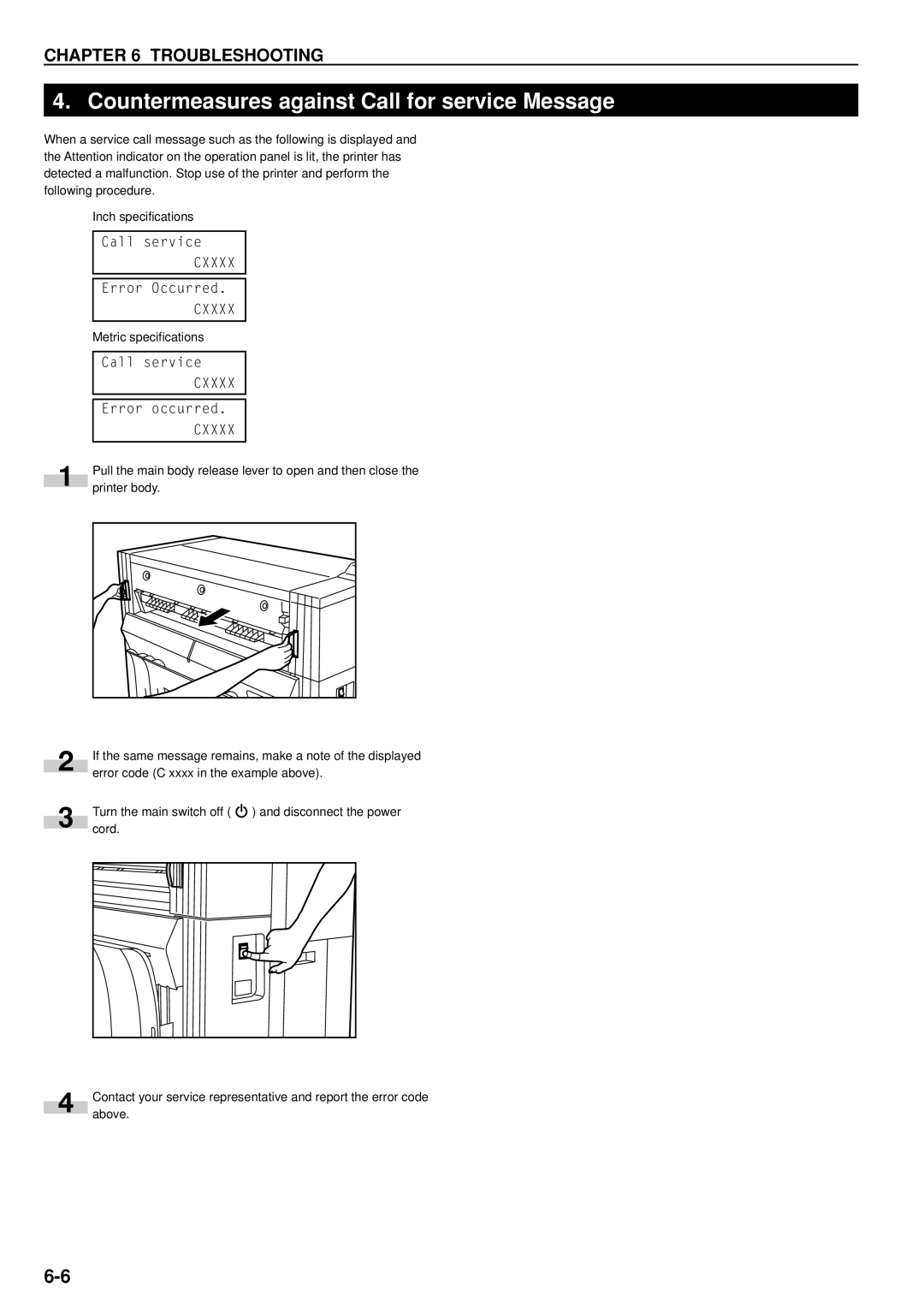 Kyocera KM-P4845w, KM-P4850w manual Countermeasures against Call for service Message 