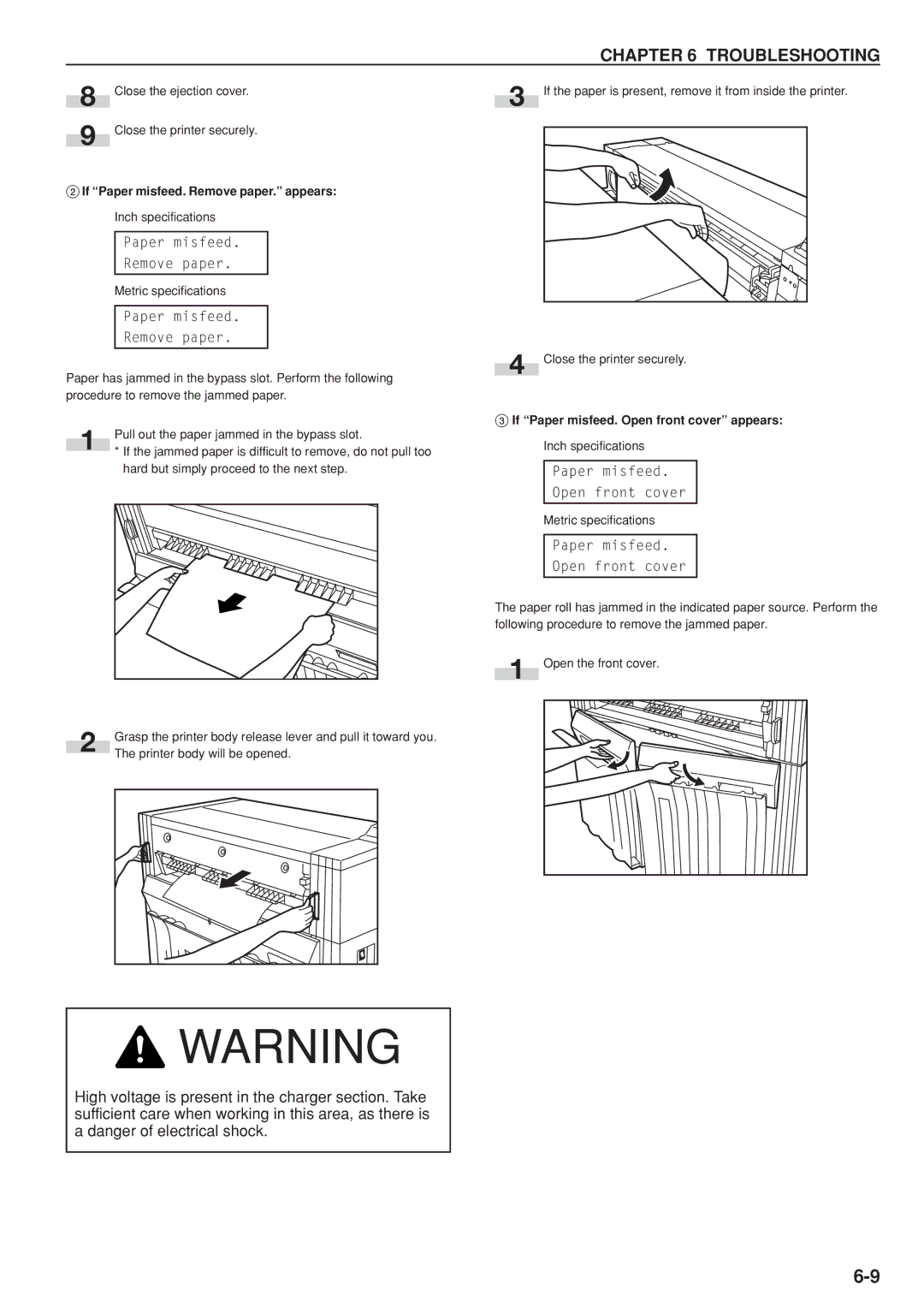 Kyocera KM-P4850w, KM-P4845w manual Close the ejection cover, If Paper misfeed. Remove paper. appears Inch specifications 