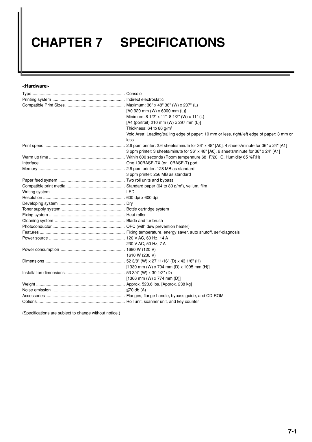 Kyocera KM-P4850w, KM-P4845w manual Specifications, Hardware 