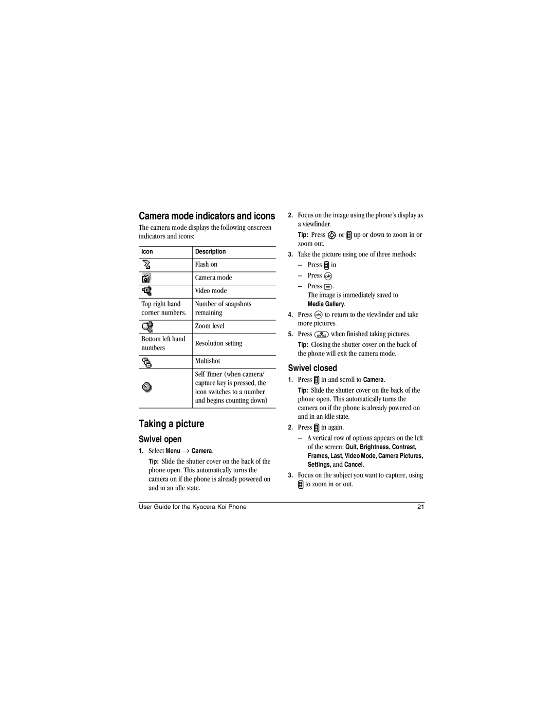 Kyocera Koi manual Taking a picture, Camera mode indicators and icons 