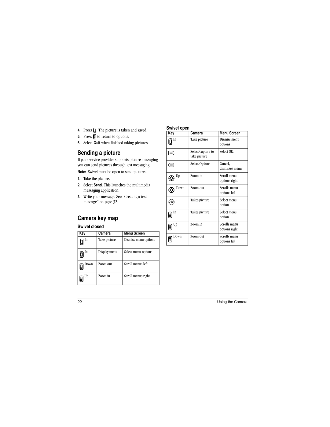 Kyocera Koi manual Sending a picture, Camera key map, Key Camera Menu Screen 