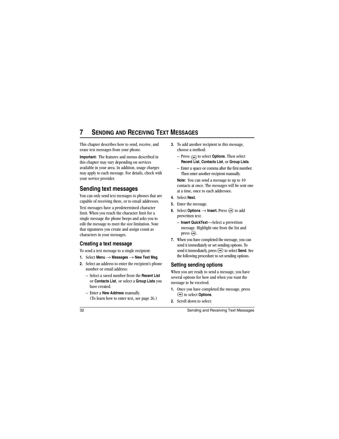 Kyocera Koi manual Sending text messages, Creating a text message, Setting sending options, Select Next Enter the message 