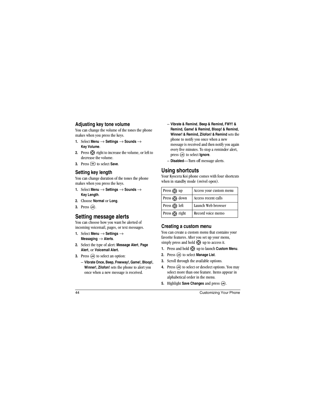 Kyocera Koi Setting message alerts, Using shortcuts, Adjusting key tone volume, Setting key length, Creating a custom menu 