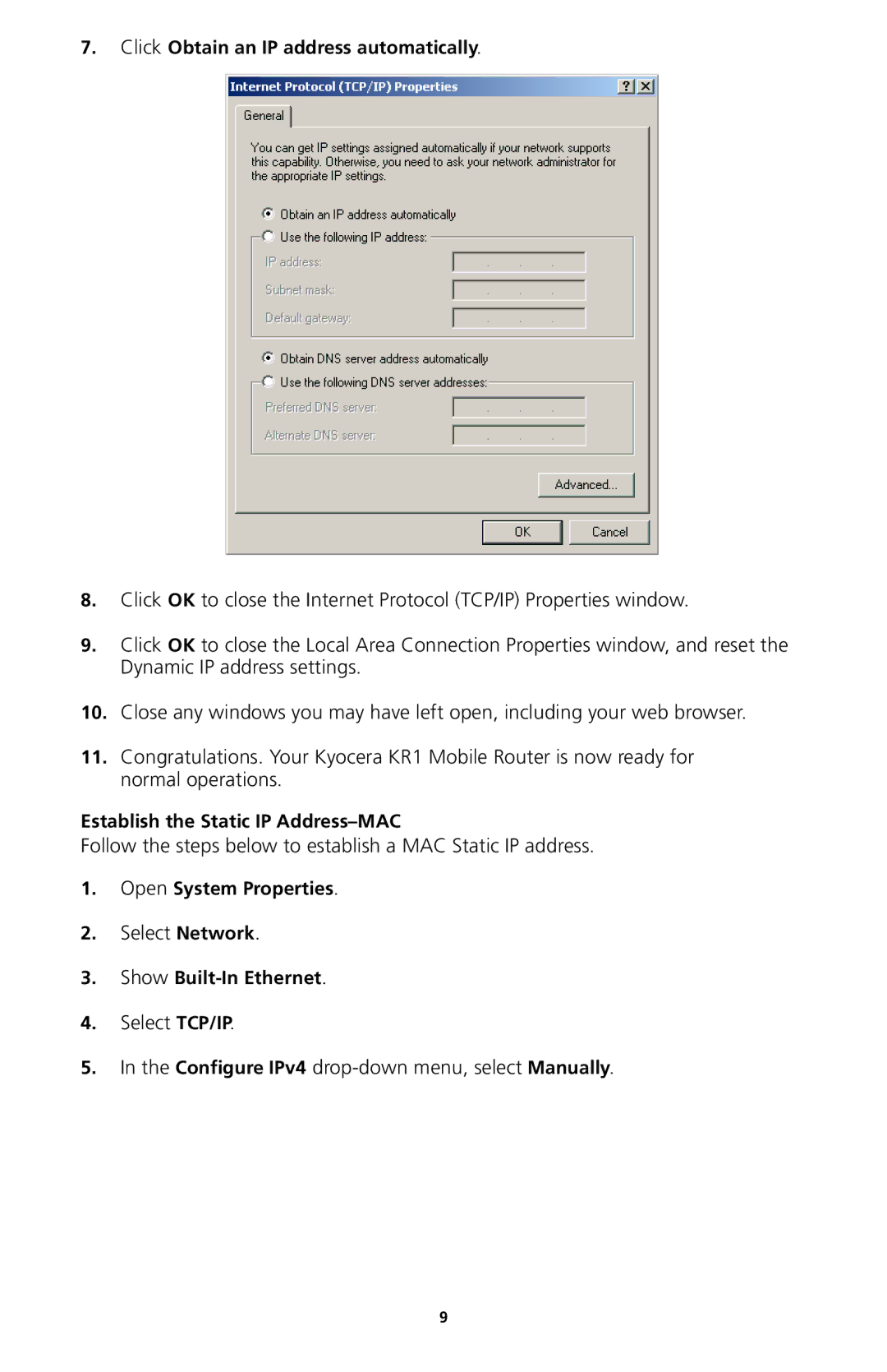 Kyocera KR1 manual Follow the steps below to establish a MAC Static IP address 