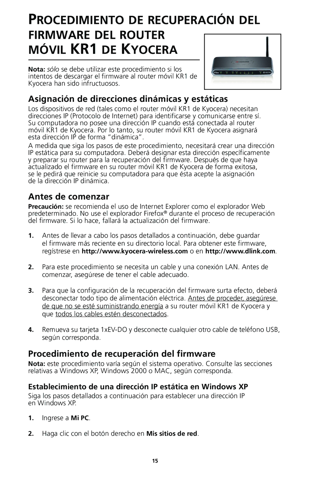 Kyocera KR1 Asignación de direcciones dinámicas y estáticas, Establecimiento de una dirección IP estática en Windows XP 