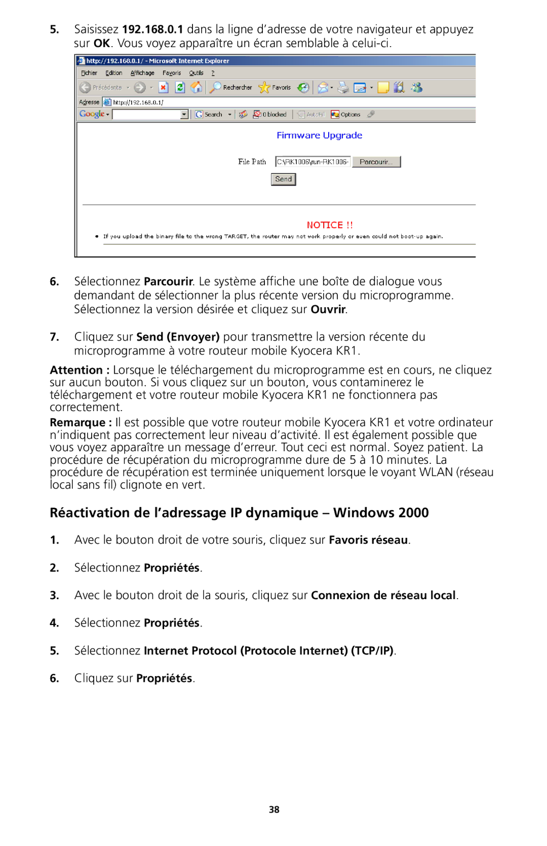 Kyocera KR1 manual Réactivation de l’adressage IP dynamique Windows 