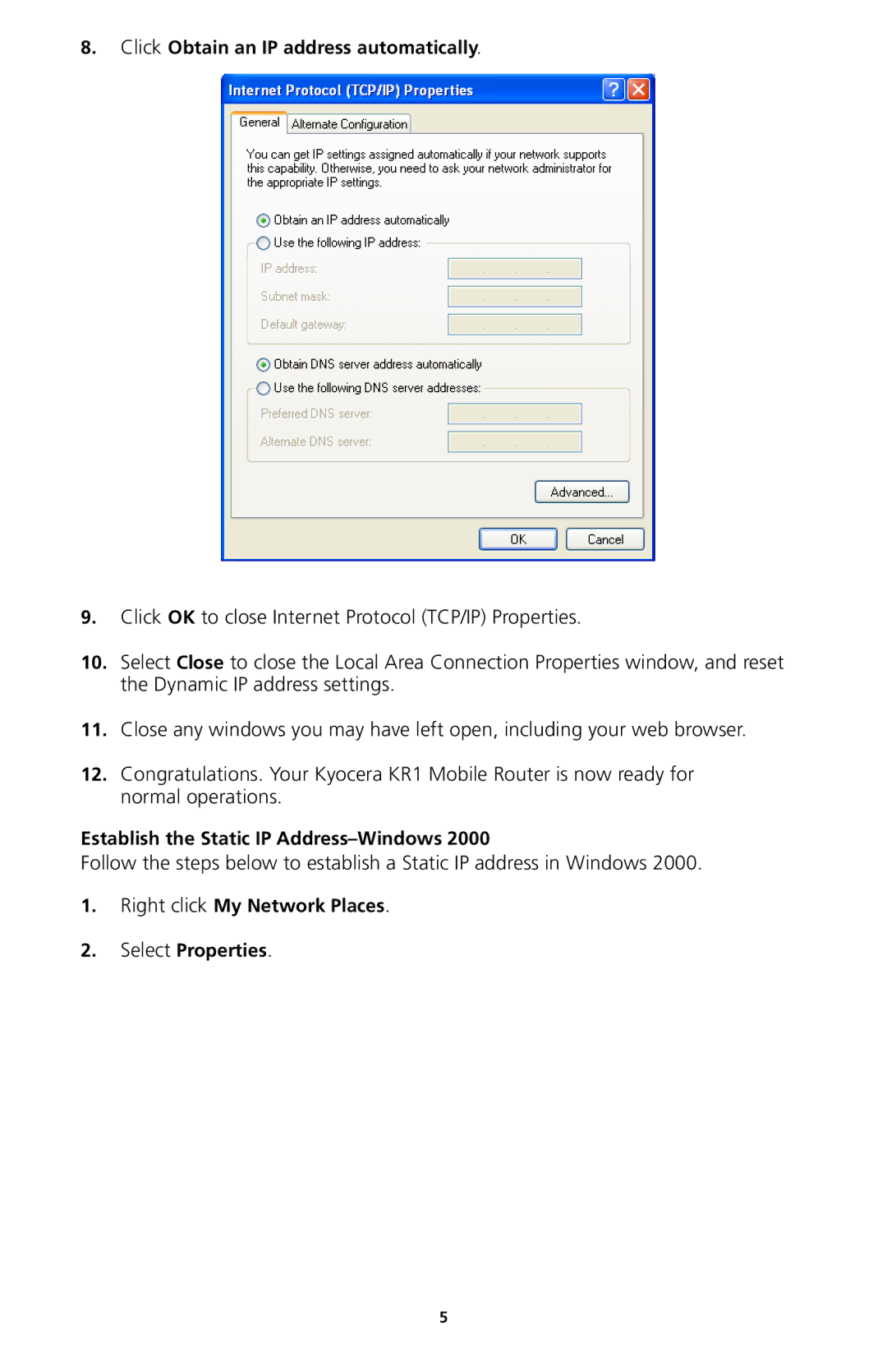Kyocera KR1 manual Click Obtain an IP address automatically 