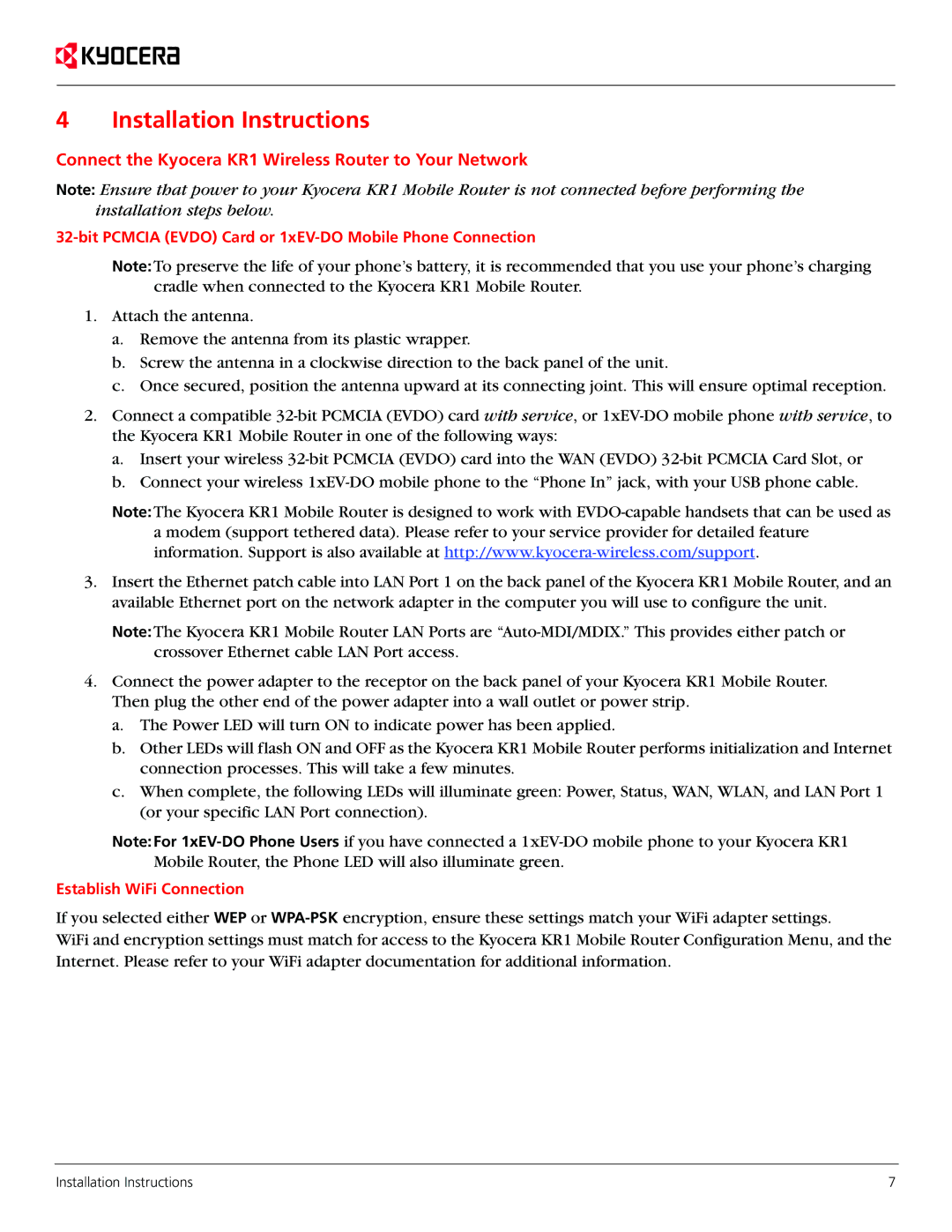 Kyocera manual Installation Instructions, Connect the Kyocera KR1 Wireless Router to Your Network 