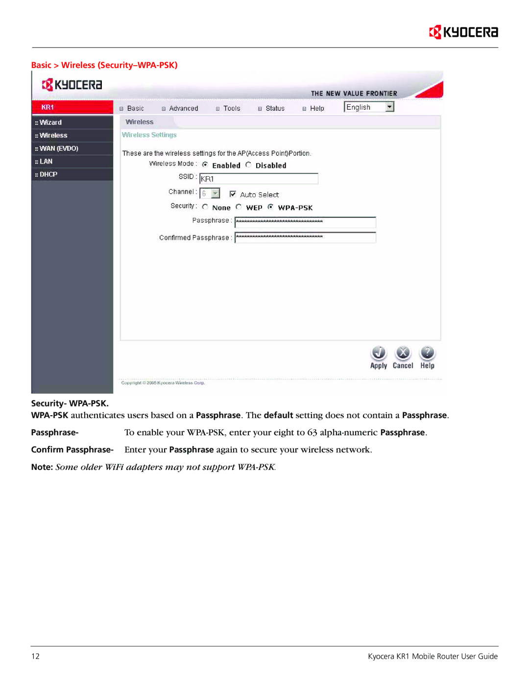 Kyocera KR1 manual Basic Wireless Security-WPA-PSK 