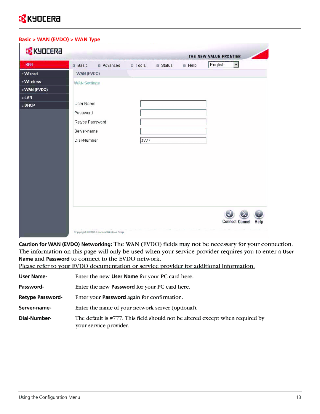 Kyocera KR1 manual Enter the new User Name for your PC card here 