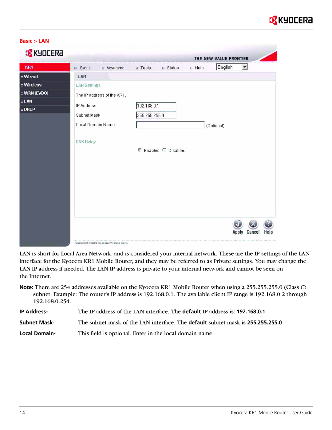 Kyocera KR1 manual IP address of the LAN interface. The default IP address is 