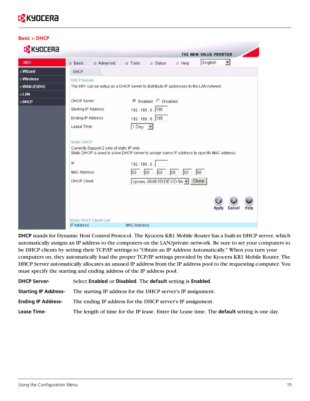 Kyocera KR1 manual Basic Dhcp 