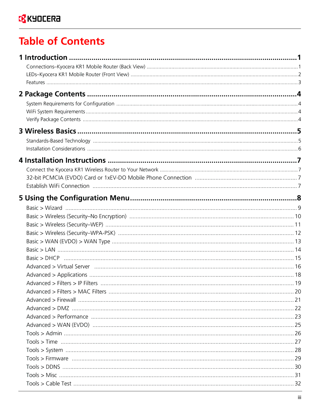 Kyocera KR1 manual Table of Contents 