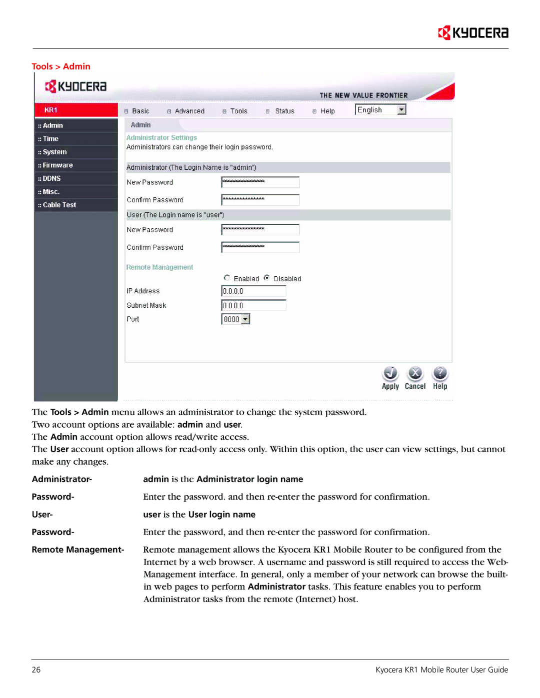 Kyocera KR1 manual Administrator tasks from the remote Internet host 