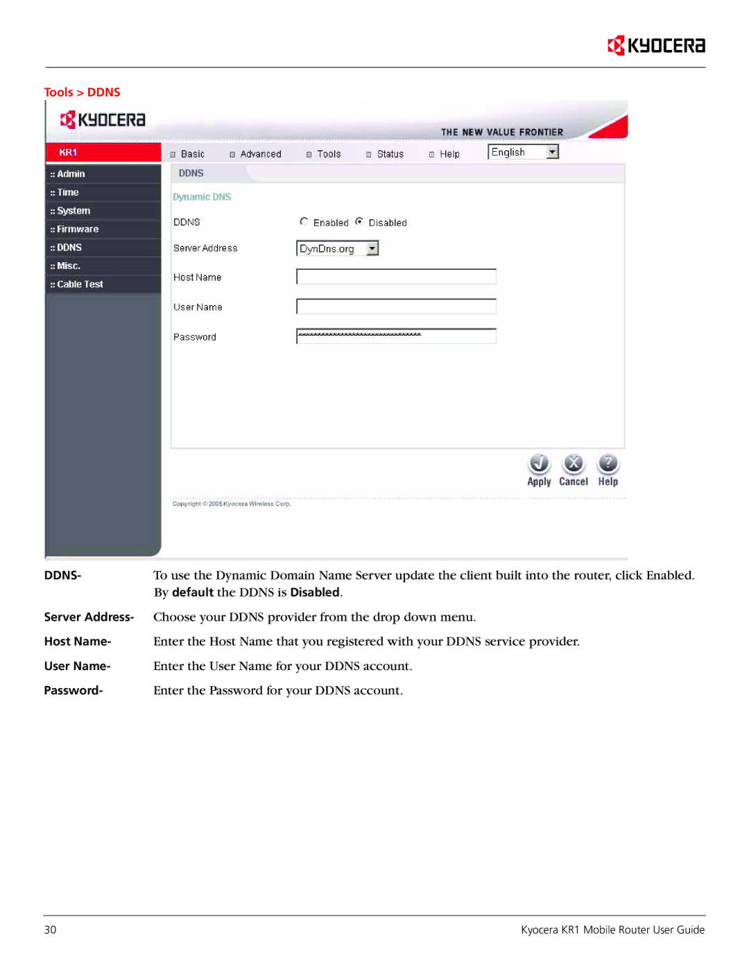 Kyocera KR1 manual By default the Ddns is Disabled 