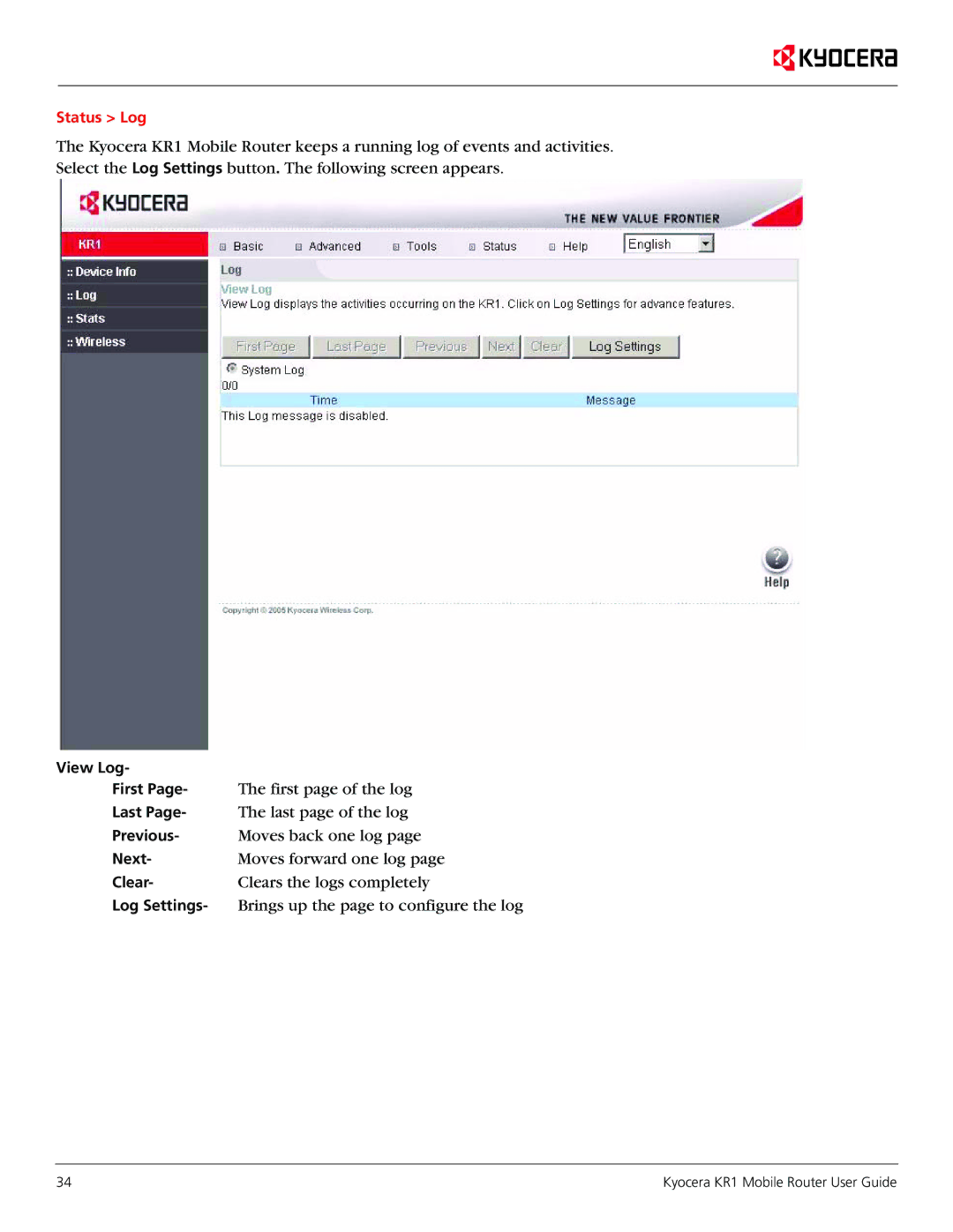 Kyocera KR1 manual First page of the log 