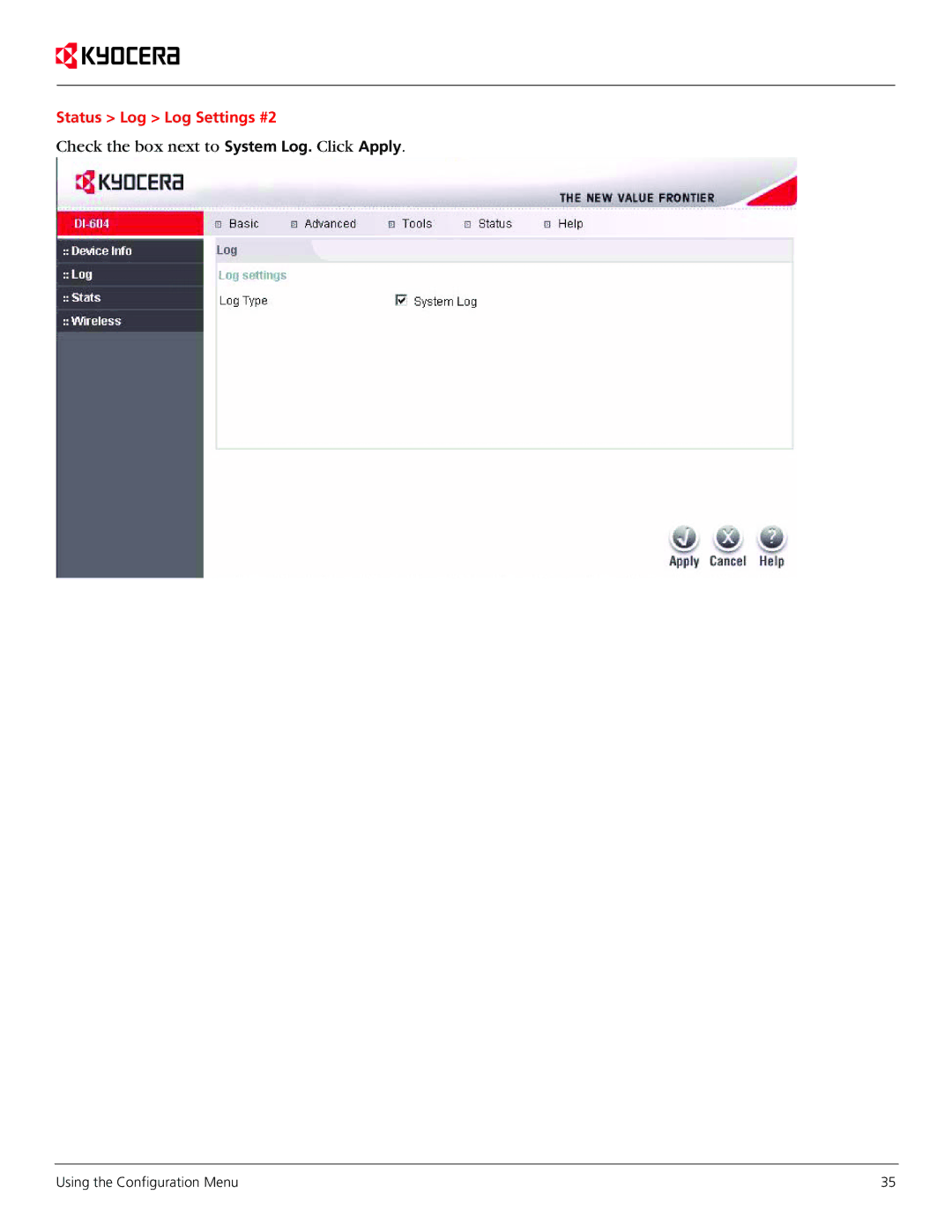 Kyocera KR1 manual Check the box next to System Log. Click Apply 