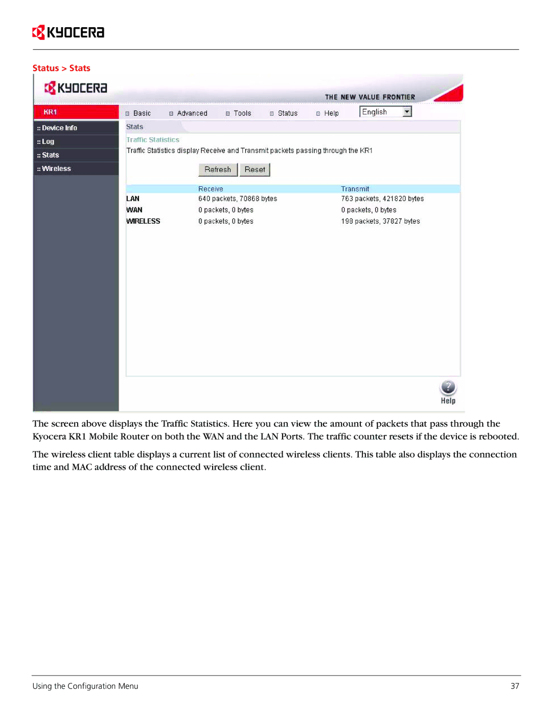 Kyocera KR1 manual Status Stats 