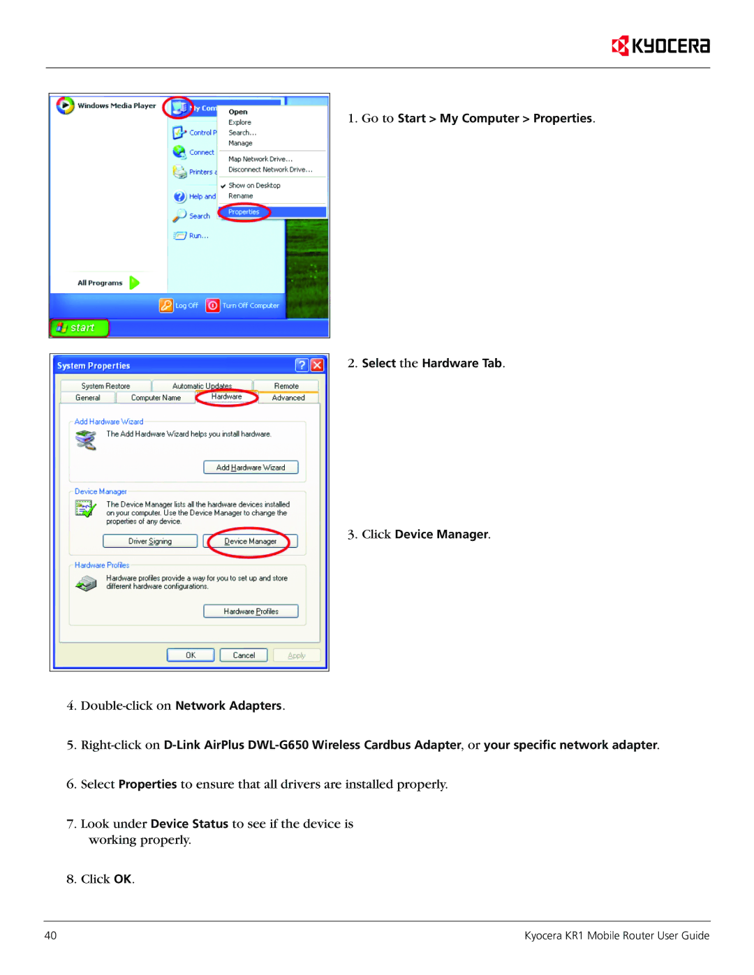 Kyocera KR1 manual Double-click on Network Adapters 