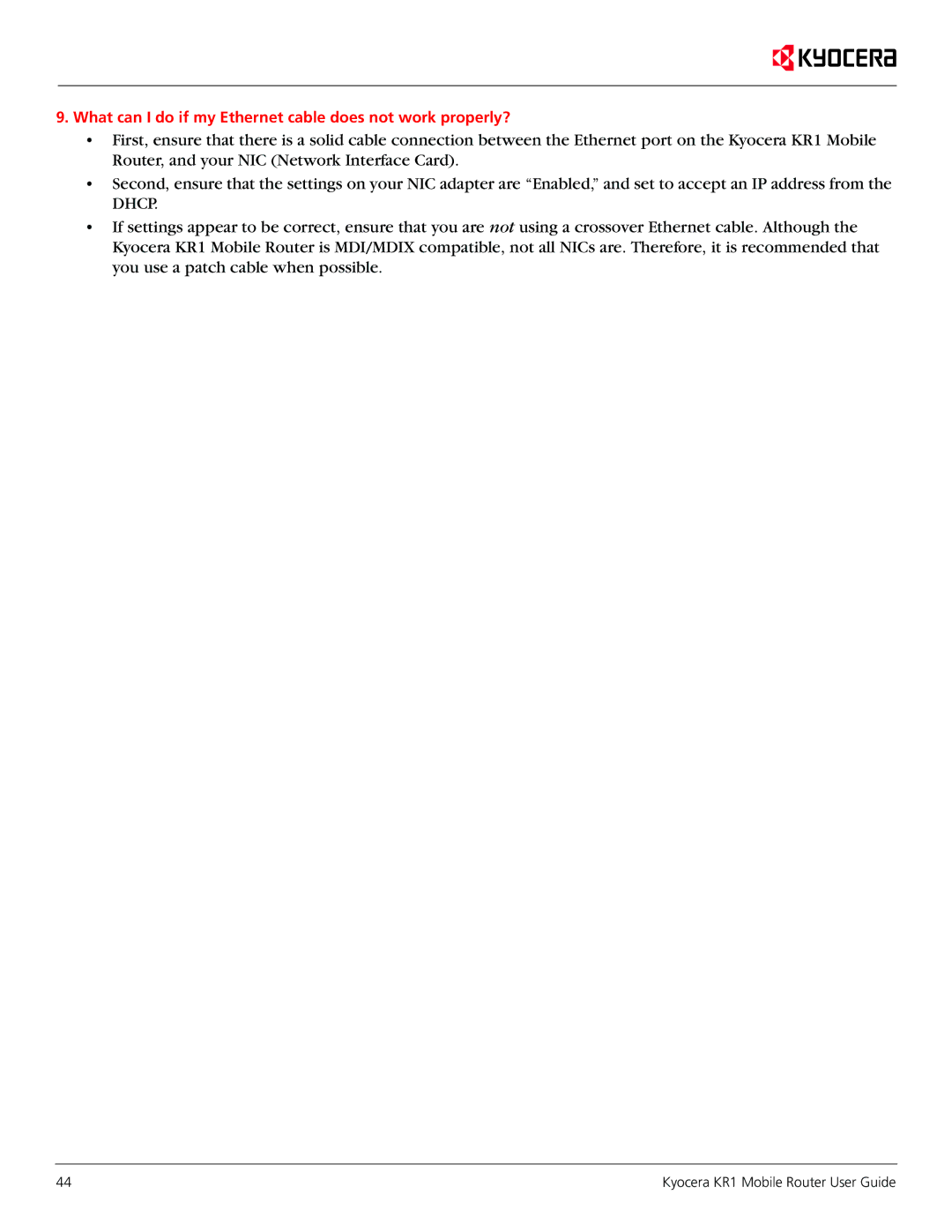 Kyocera KR1 manual What can I do if my Ethernet cable does not work properly? 