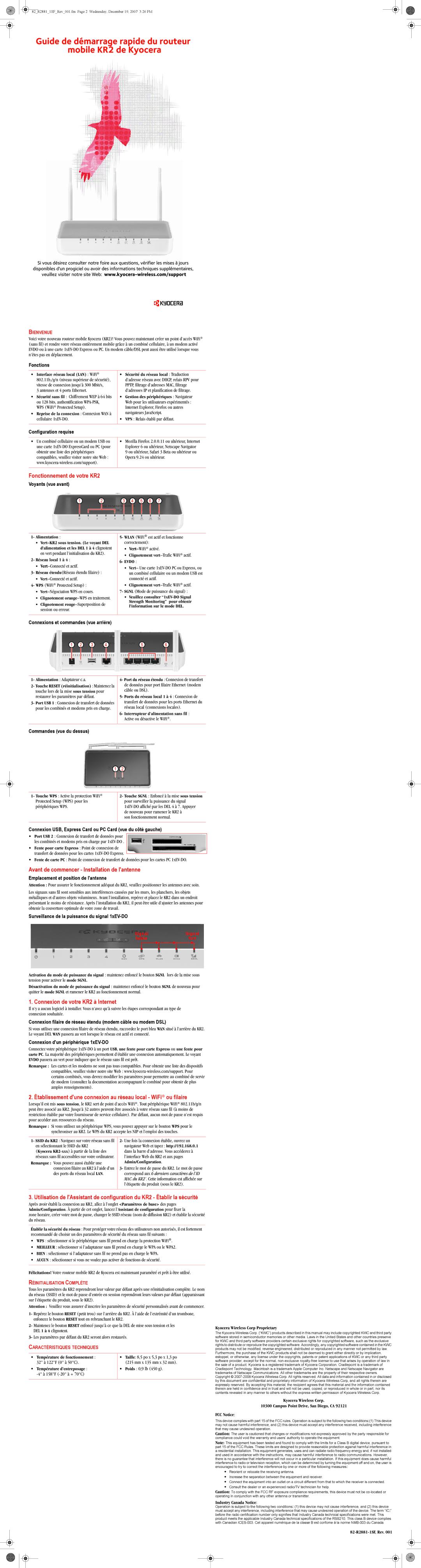 Kyocera Fonctionnement de votre KR2, Avant de commencer Installation de lantenne, Connexion de votre KR2 à Internet 