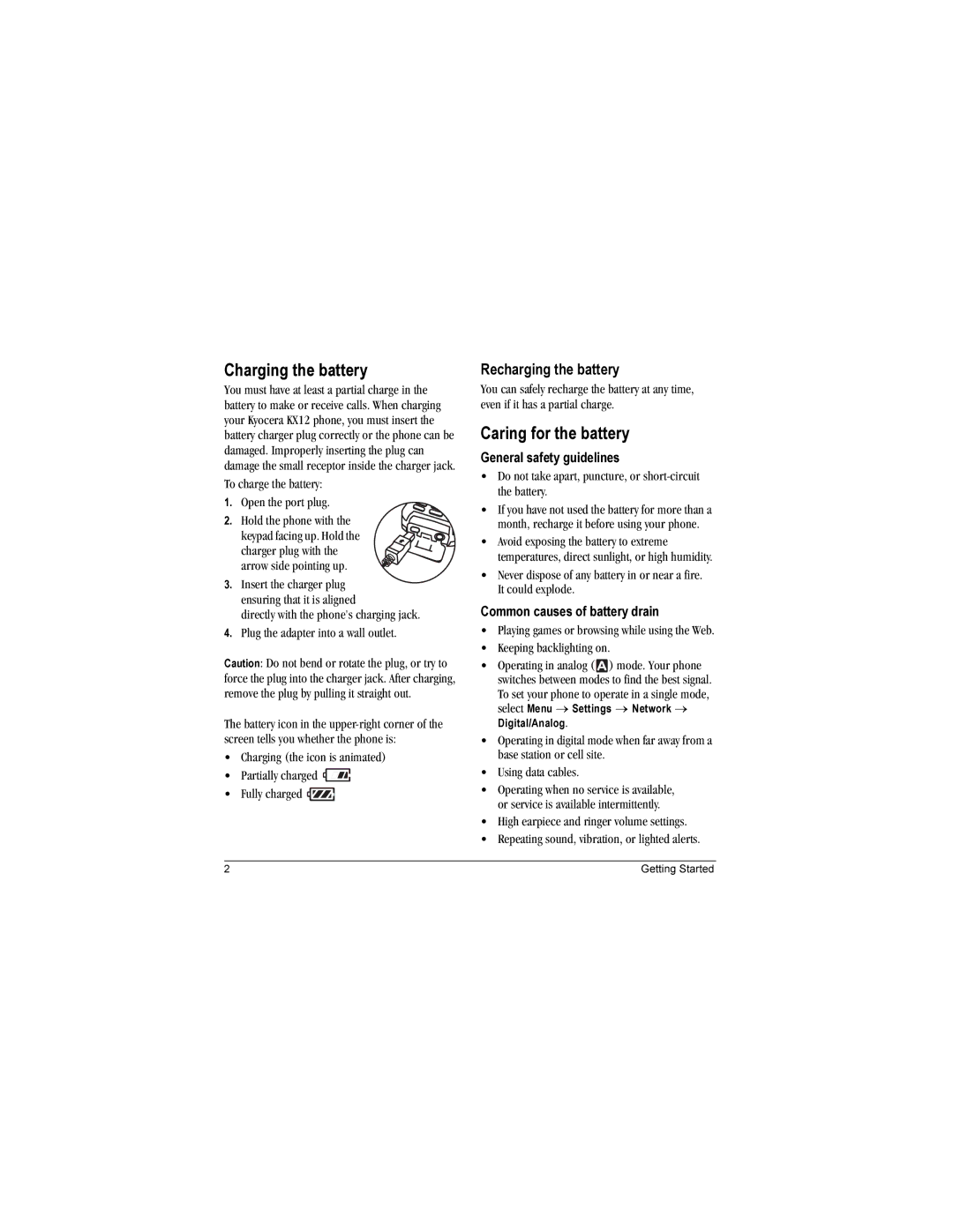 Kyocera KX12 manual Charging the battery, Caring for the battery, Recharging the battery, General safety guidelines 