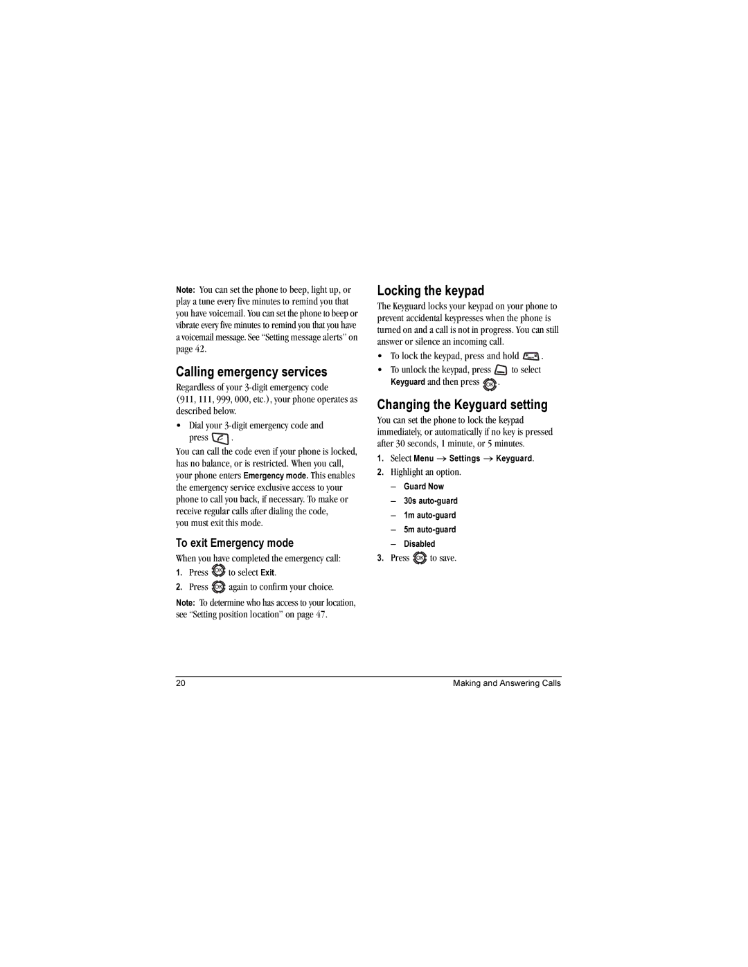 Kyocera KX12 manual Calling emergency services, Locking the keypad, Changing the Keyguard setting, To exit Emergency mode 