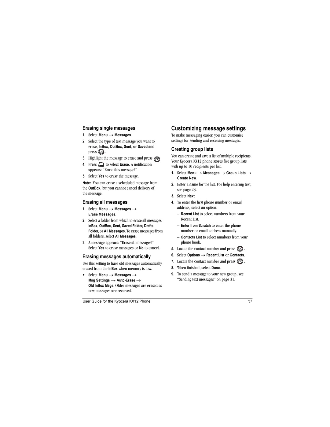 Kyocera KX12 Customizing message settings, Erasing single messages, Erasing all messages, Erasing messages automatically 