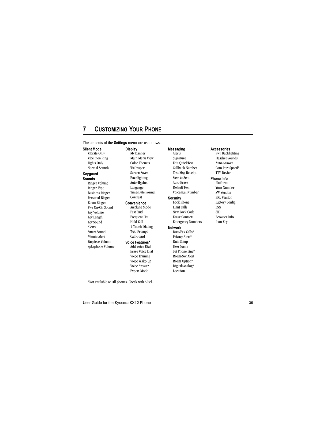 Kyocera KX12 manual Customizing Your Phone, Contents of the Settings menu are as follows 