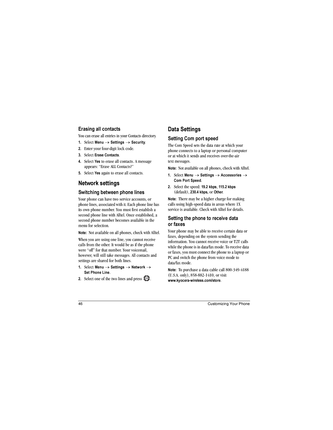 Kyocera KX12 manual Network settings, Data Settings 