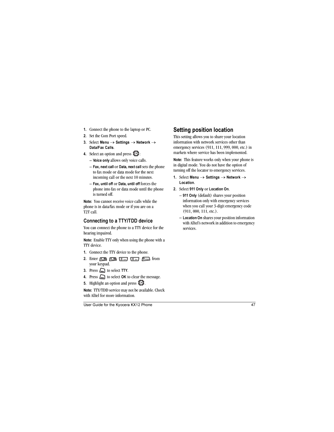 Kyocera KX12 manual Setting position location, Connecting to a TTY/TDD device 