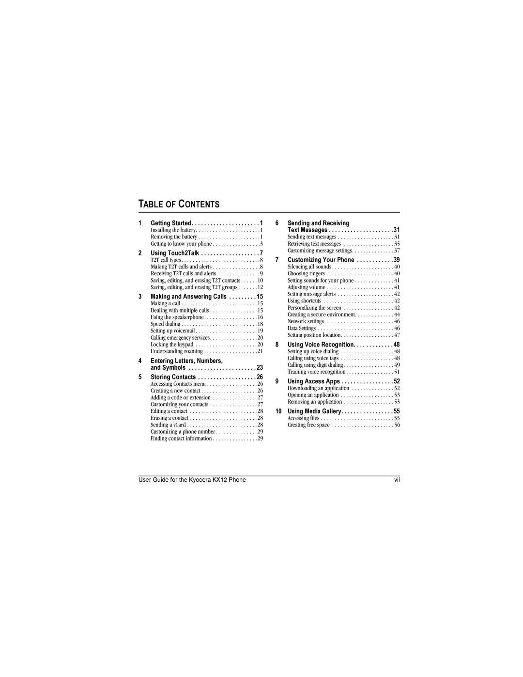 Kyocera KX12 manual Table of Contents 