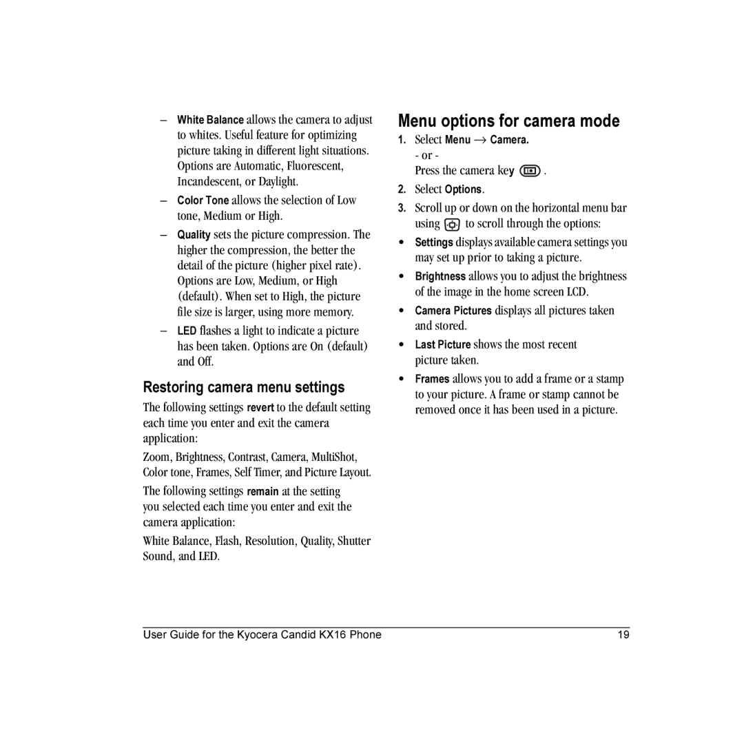 Kyocera KX16 manual Menu options for camera mode, Restoring camera menu settings 