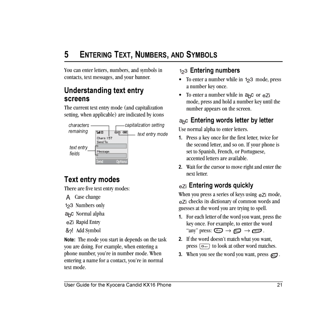 Kyocera KX16 manual Understanding text entry screens, Text entry modes, Entering numbers, Entering words letter by letter 