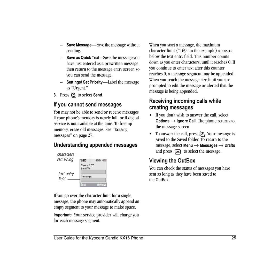 Kyocera KX16 manual If you cannot send messages, Understanding appended messages, Viewing the OutBox 