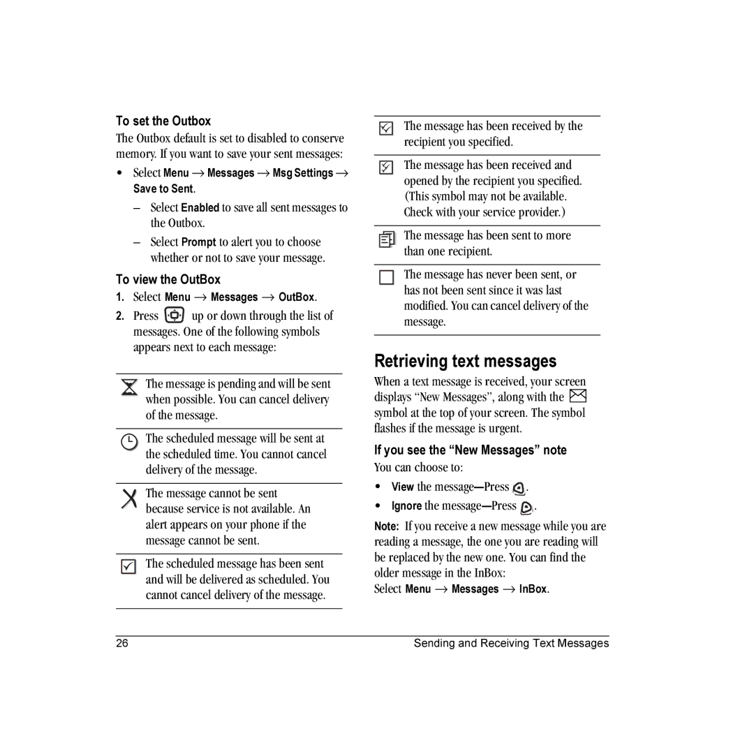 Kyocera KX16 manual Retrieving text messages, Select Enabled to save all sent messages to the Outbox 