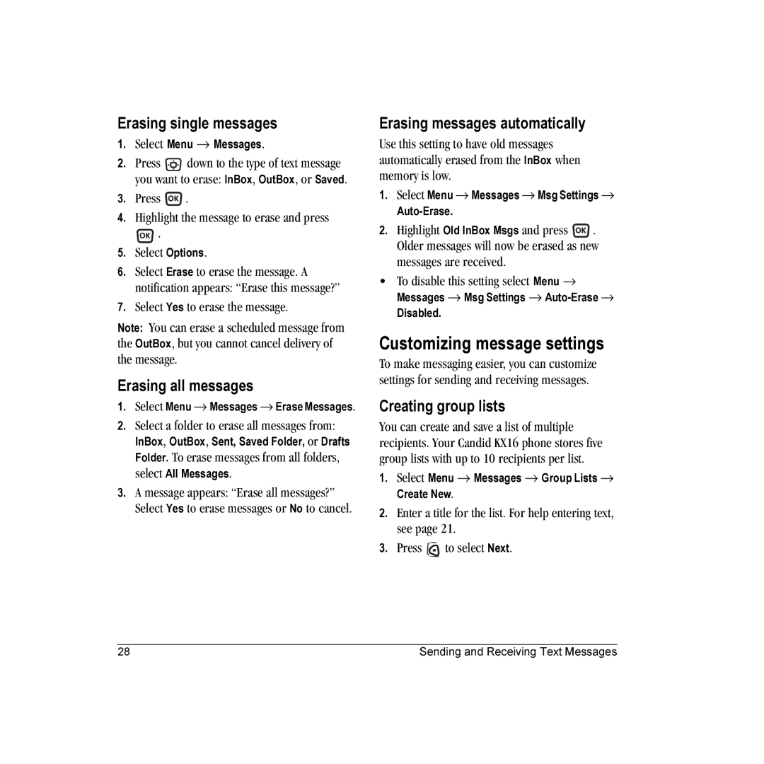 Kyocera KX16 Customizing message settings, Erasing single messages, Erasing all messages, Erasing messages automatically 