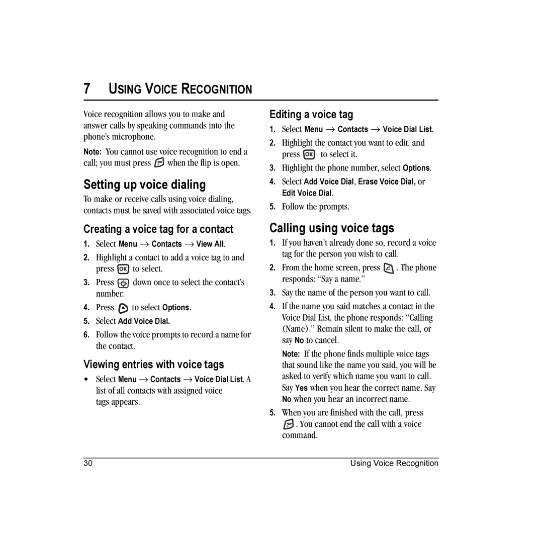 Kyocera KX16 Setting up voice dialing, Calling using voice tags, Creating a voice tag for a contact, Editing a voice tag 