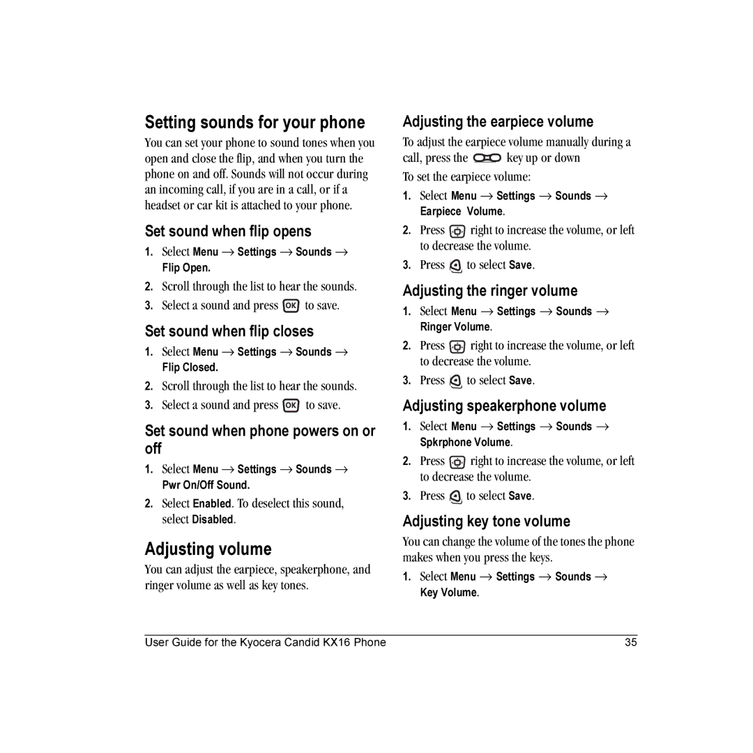 Kyocera KX16 manual Setting sounds for your phone, Adjusting volume 
