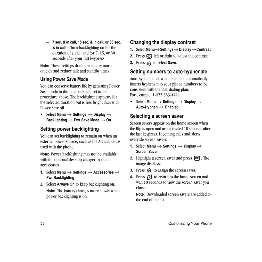 Kyocera KX16 manual Setting power backlighting, Changing the display contrast, Setting numbers to auto-hyphenate 