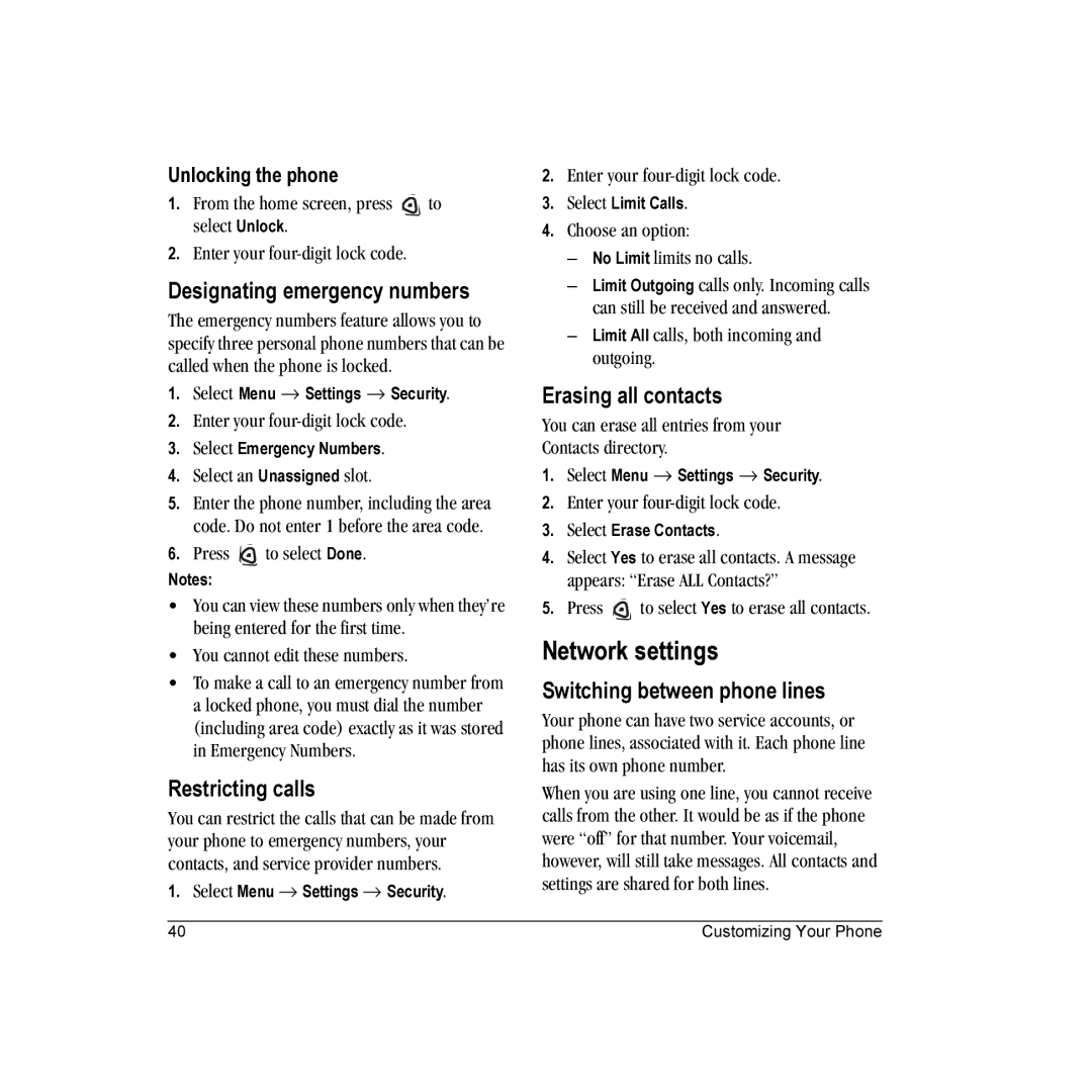 Kyocera KX16 manual Network settings, Designating emergency numbers, Restricting calls, Erasing all contacts 