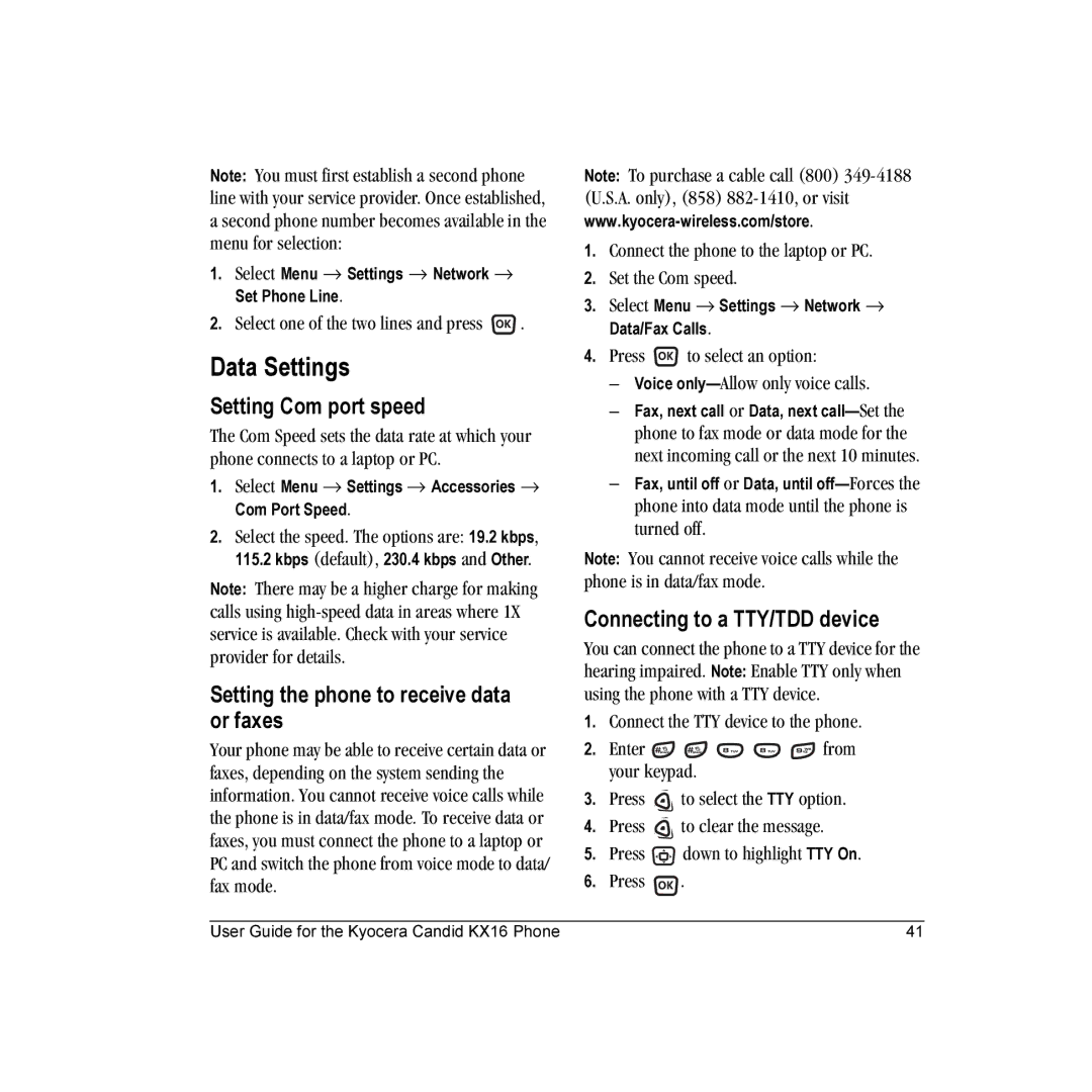 Kyocera KX16 manual Data Settings, Setting Com port speed, Setting the phone to receive data or faxes 