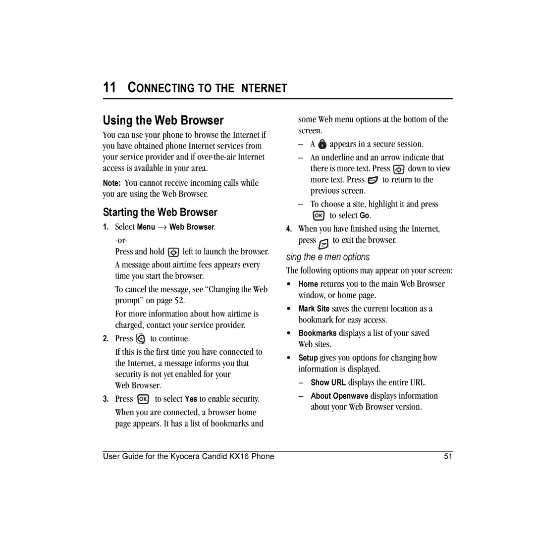 Kyocera KX16 manual Using the Web Browser, Starting the Web Browser, Using the Web menu options 