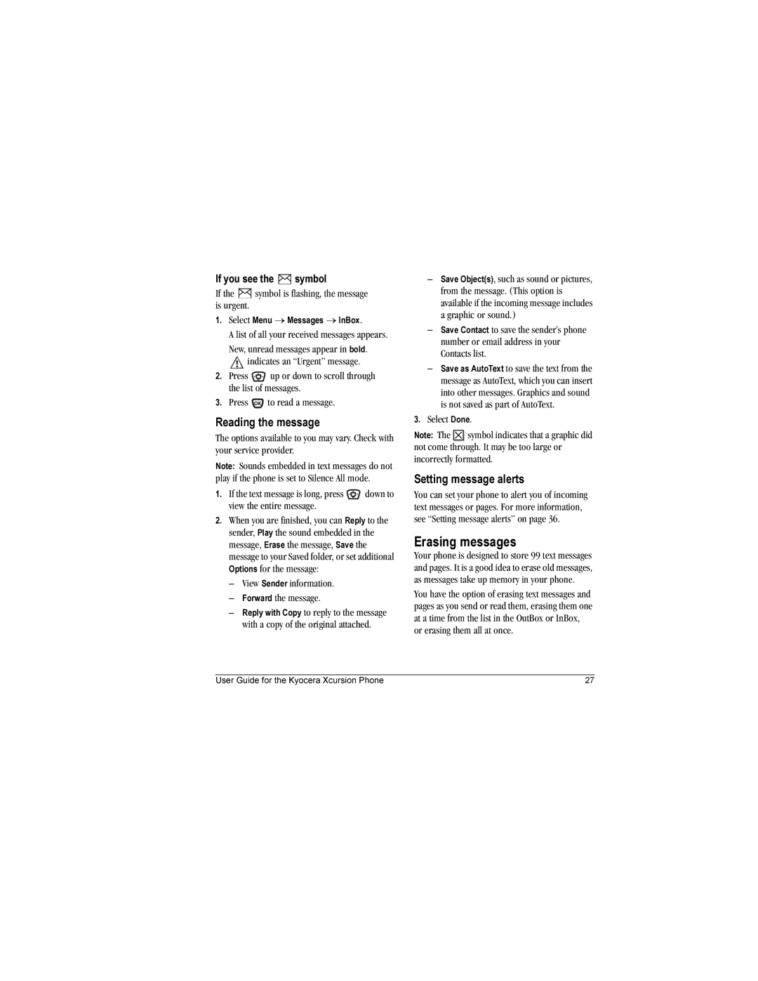 Kyocera KX160A, KX160B manual Erasing messages, Reading the message, Setting message alerts, If you see the symbol 
