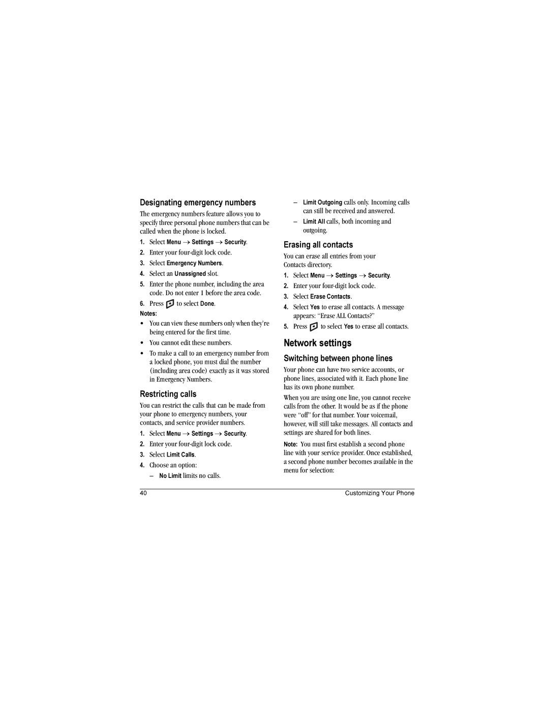 Kyocera KX160B, KX160A manual Network settings, Designating emergency numbers, Restricting calls, Erasing all contacts 