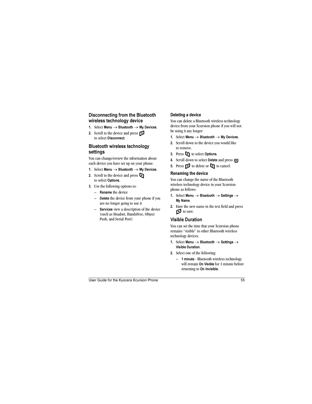 Kyocera KX160A, KX160B Bluetooth wireless technology settings, Visible Duration, Deleting a device, Renaming the device 
