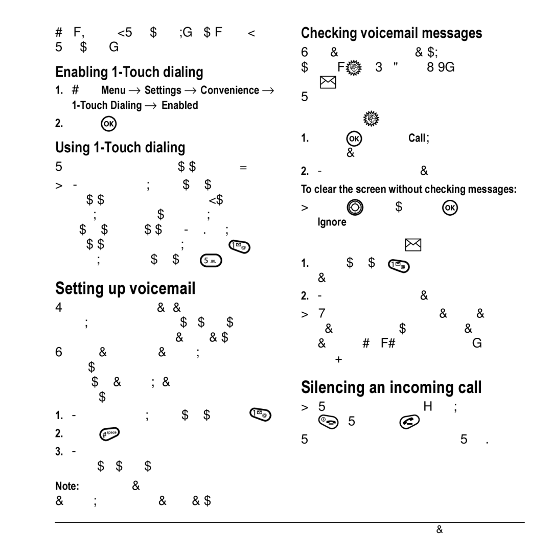 Kyocera KX17 manual Setting up voicemail, Silencing an incoming call, Enabling 1-Touch dialing, Using 1-Touch dialing 