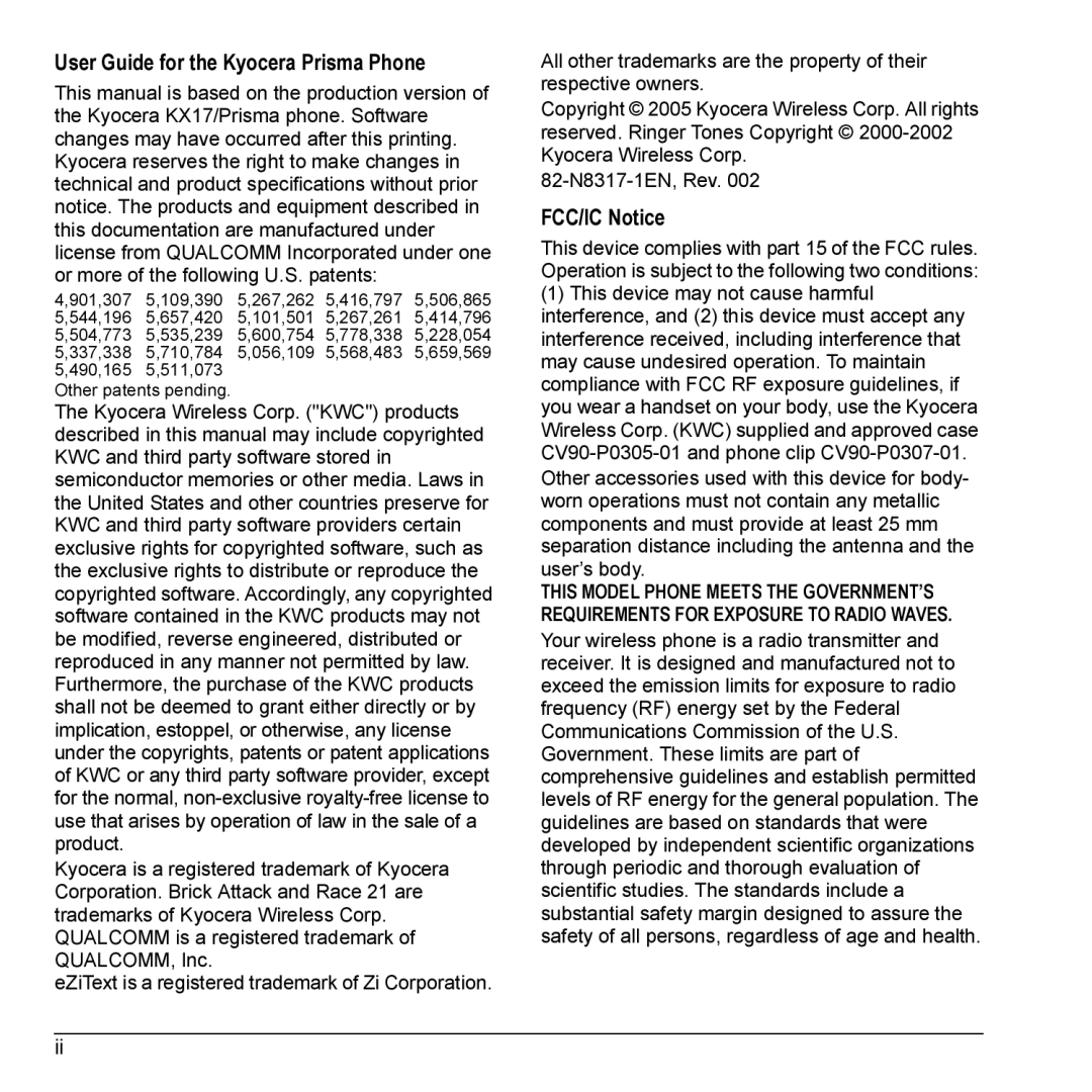 Kyocera KX17 manual User Guide for the Kyocera Prisma Phone, FCC/IC Notice 