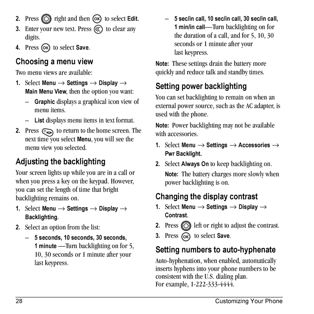 Kyocera KX17 Choosing a menu view, Adjusting the backlighting, Setting power backlighting, Changing the display contrast 