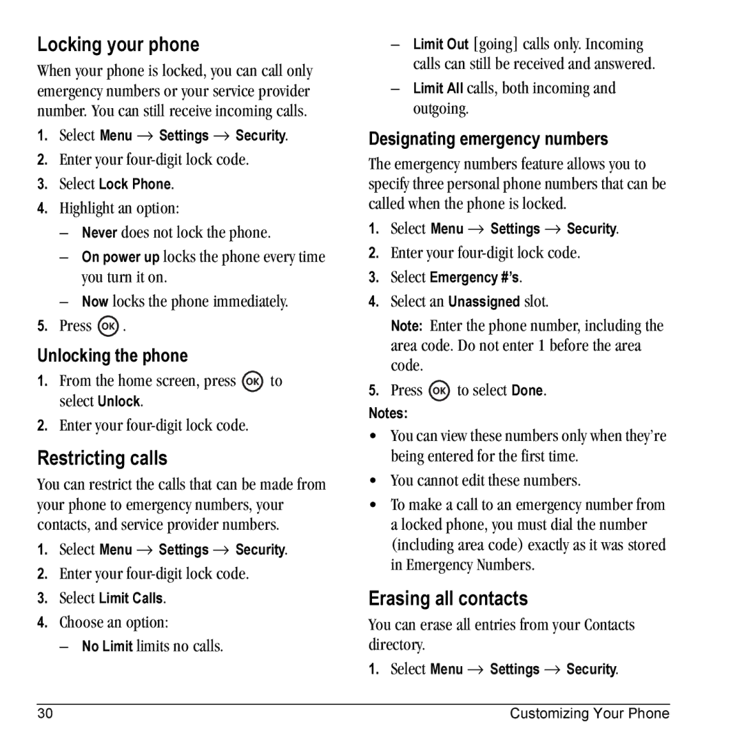 Kyocera KX17 manual Locking your phone, Restricting calls, Erasing all contacts, Unlocking the phone 